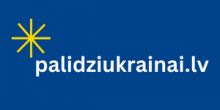 Baneris ar uzrakstu palidziukrainai.lv uz zila fona ar dzeltenu zīmi 