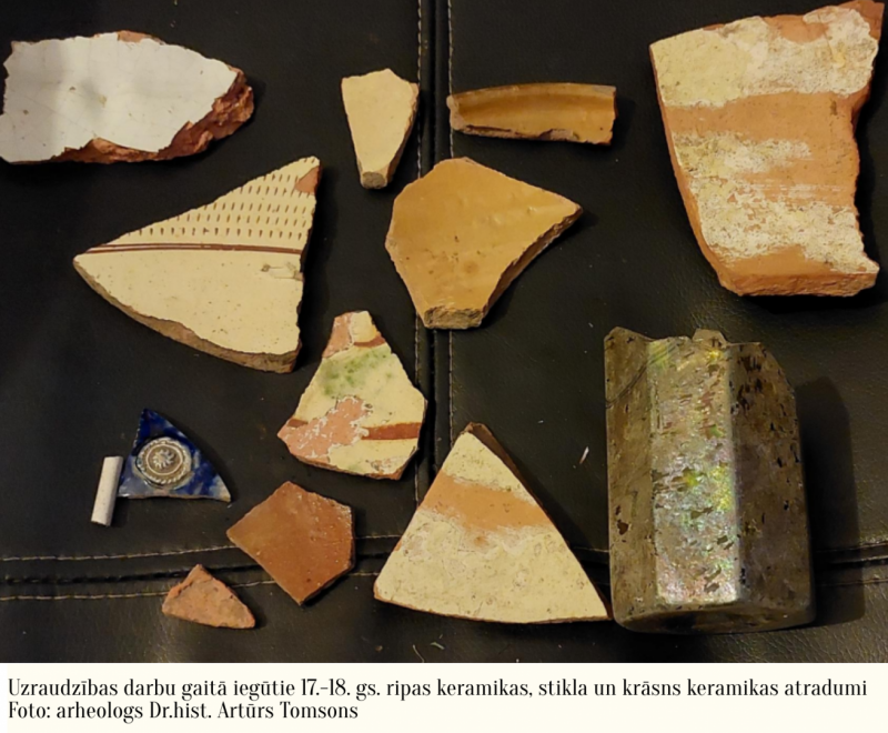 Uzraudzības darbu gaitā iegūtie 17.-18. gs. ripas keramikas, stikla un krāsns keramikas atradumi