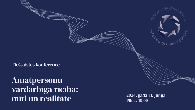 Tumši zils fons, virsū apaļš iekšējās drošības biroja logo, uzraksts Amatpersonu vardarbīga rīcība - mīti un realitāte
