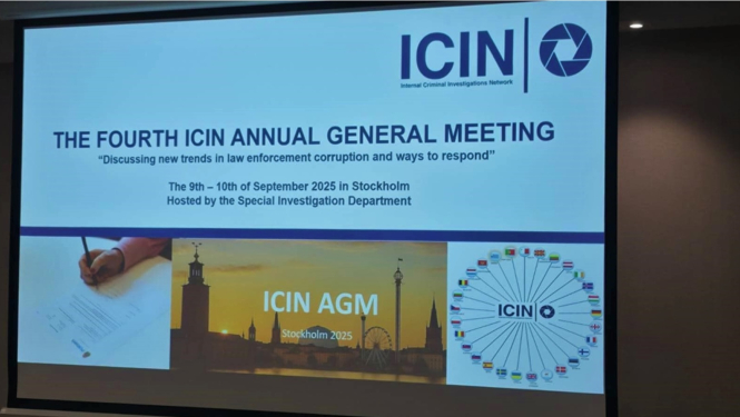 Attēls ar kobferences prezentāciju, kurā redzams uzraksts ICIN, the fourth annual general meeting