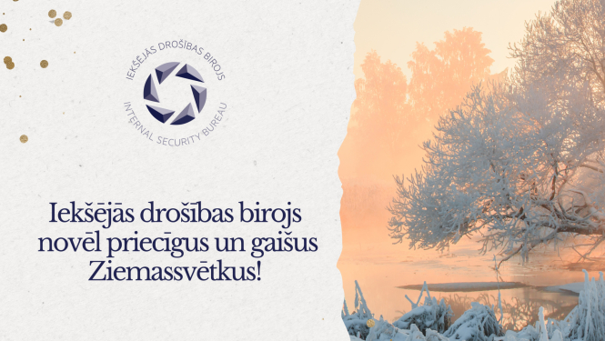 Apsveikuma kartīte ar ziemas attēlu - apsnidzis koks, zeme. Teksts - Iekšējās drošības birojs novēl priecīgus un gaišus Ziemassvētkus!