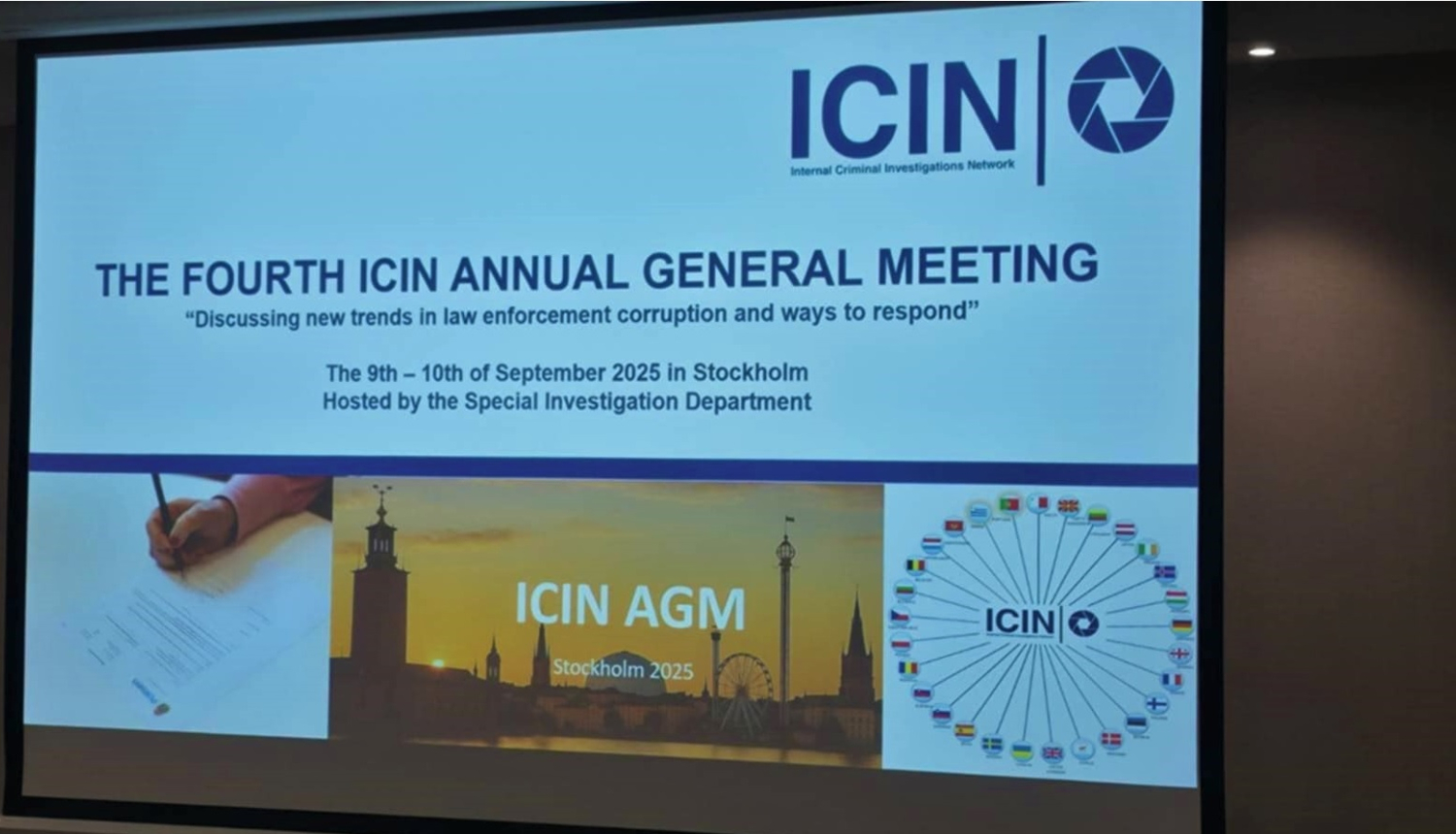 Attēls ar kobferences prezentāciju, kurā redzams uzraksts ICIN, the fourth annual general meeting